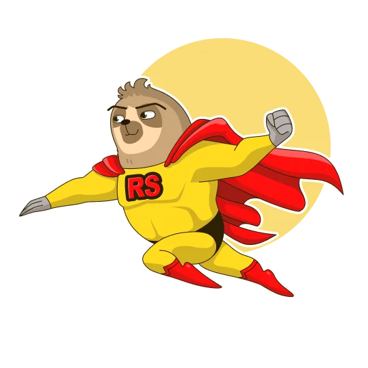 Sloth mascot dressed in a superhero costume